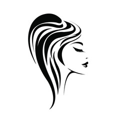 Beauty salon and hairstyle studio logo.Beautiful woman with long, wavy hair and elegant makeup.Young lady portrait.Cosmetics and spa icon.Profile view cute face.