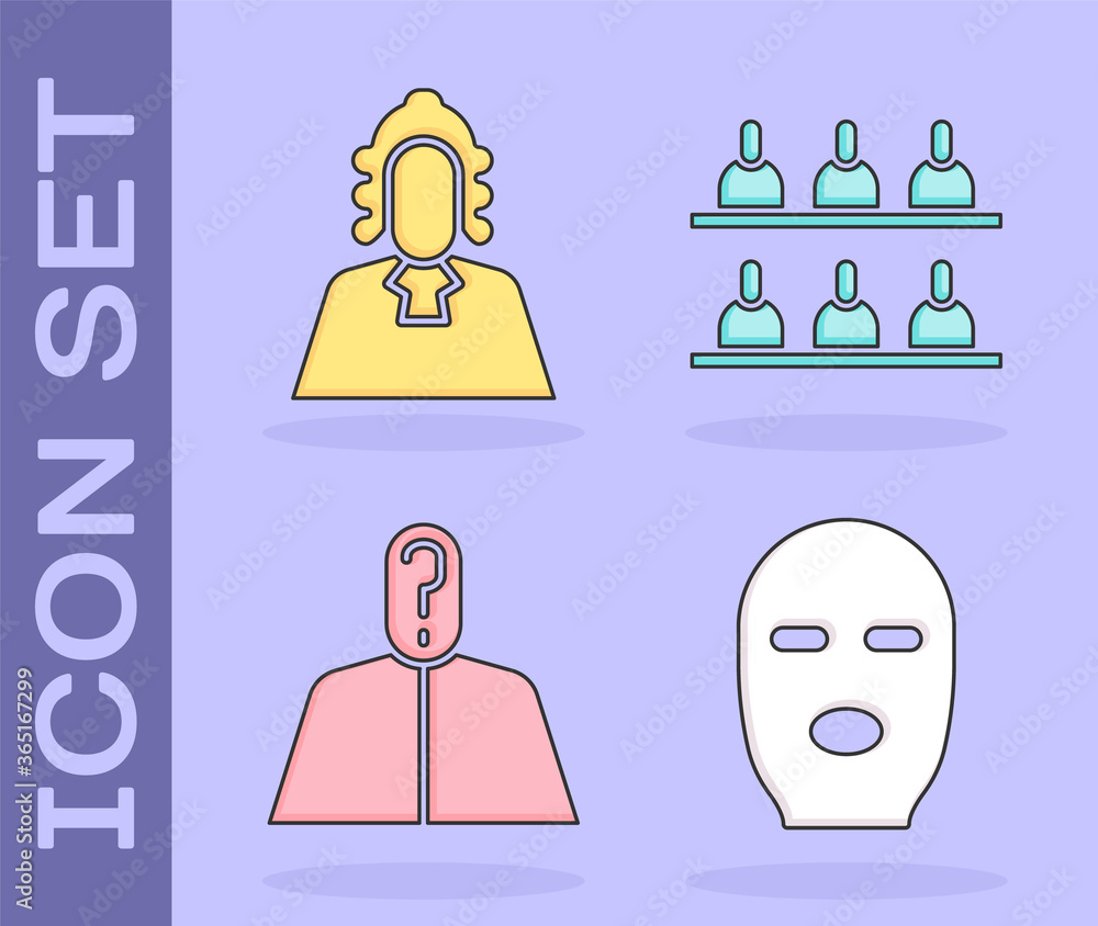 Poster set thief mask, judge, anonymous with question mark and jurors icon. vector.