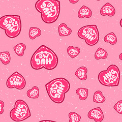 Hug me. Retro pattern for print design. Cartoon vector illustration. Romantic seamless texture design. Hand drawn calligraphy lettering vector illustration.