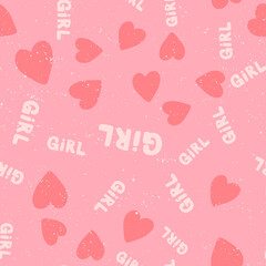 Girl, hearts. Retro pattern for print design. Cartoon vector illustration. Romantic seamless texture design. Hand drawn calligraphy lettering vector illustration.