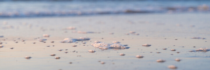 sea foam on the shore, sunset on the background, blurry background