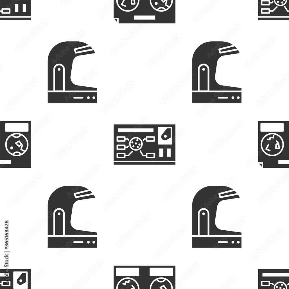 Poster set celestial map of the night sky, futuristic hud interface and astronaut helmet on seamless patter