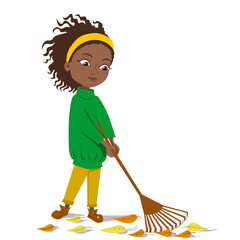 The girl removes autumn leaves with a brown rake. Cute dark-skinned girl in a green sweater. Autumn greetings of the season. Vector illustration on an isolated white background. Stock image.