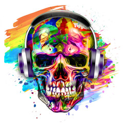 skull with wings and headphones - obrazy, fototapety, plakaty