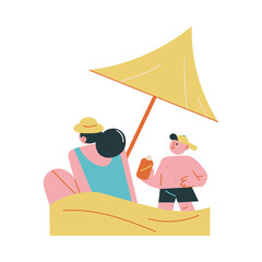 Woman with son sunbathing on beach and using sunscreen for sun protection