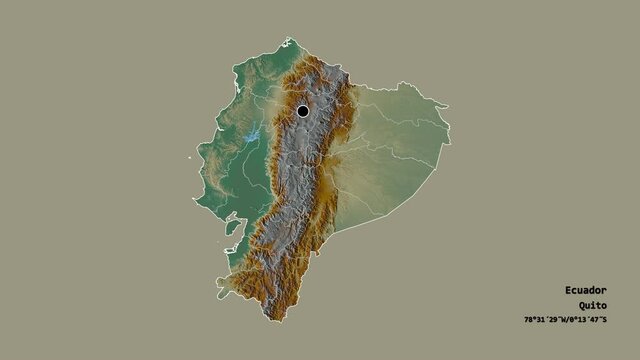 Napo, province of Ecuador, with its capital, localized, outlined and zoomed with informative overlays on a relief map in the Stereographic projection. Animation 3D