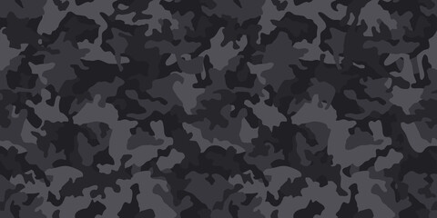 Black camouflage pattern , seamless background. Classic clothing style masking dark camo, repeat print. Monochrome texture. Raster copy - obrazy, fototapety, plakaty