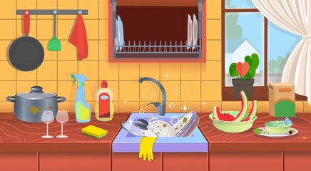 Kitchen sink with dirty dishes.Dirty kitchen. A concept for cleaning companies.Flat cartoon vector illustration.