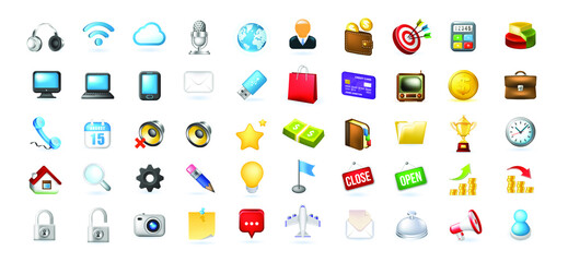 Set of 50 Realistic Cute Business and Technological Icons on White Background . Isolated Vector Illustration

