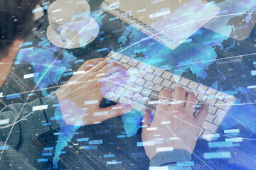 Double exposure of tech drawings with hands working on computer background. Concept of innovation.