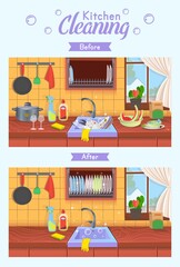 Clean and dirty kitchen. Kitchens sinks with clean and dirty dishes. A concept for cleaning companies. Before and After Cleaning. Flat cartoon vector illustration.