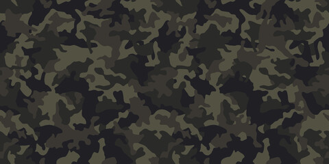 Camouflage pattern background, seamless vector illustration. Classic military clothing style. Masking camo repeat print. Dark green khaki texture.  - 365170037