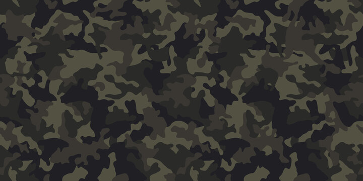 Camouflage pattern background, seamless vector illustration. Classic military clothing style. Masking camo repeat print. Dark green khaki texture. 