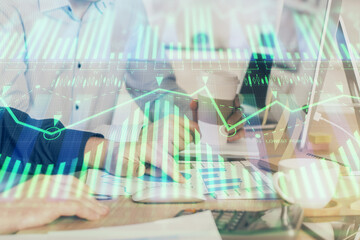 Double exposure of technology hologram with man working on computer background. Concept of big data.