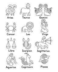 Set of zodiac signs icons. Aries, taurus, gemini,  cancer,  leo, virgo,  libra, scorpio, sagittarius, aquarius, capricorn, pisces. Vector illustration in cartoon line style.