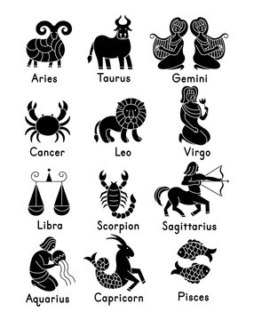 Set of zodiac signs icons. Aries, taurus, gemini,  cancer,  leo, virgo,  libra, scorpio, sagittarius, aquarius, capricorn, pisces. Vector illustration in cartoon line style.