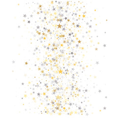 Gold and silver stars background, sparkling christmas lights confetti falling isolated on white. magic shining Flying stars glitter cosmic backdrop, sparkle vector border