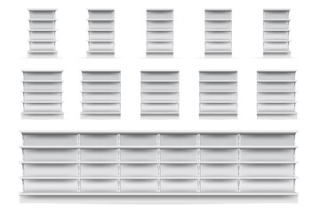 Shop shelves set. Isolated empty supermarket store showcase shelve icon collection. Realistic blank white retail shop display shelves front view. Vector market and business concept