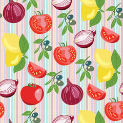hand drawn vegetables collection on stripes background.
