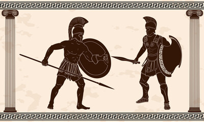 Two ancient Greek warriors with weapons in their hands are fighting.