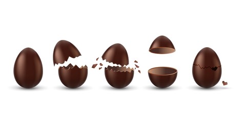 Chocolate eggs set. Isolated whole, broken, exploded, cracked and open brown eggs collection. Realistic sweet chocolate candy dessert icons. Vector Easter holiday celebration concept