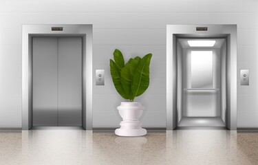 Office elevators. Realistic indoor metal office lifts in lobby with open and closed doors, buttons, potted plant. Vector floor interior architecture