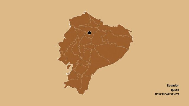 Pichincha, province of Ecuador, with its capital, localized, outlined and zoomed with informative overlays on a solid patterned map in the Stereographic projection. Animation 3D