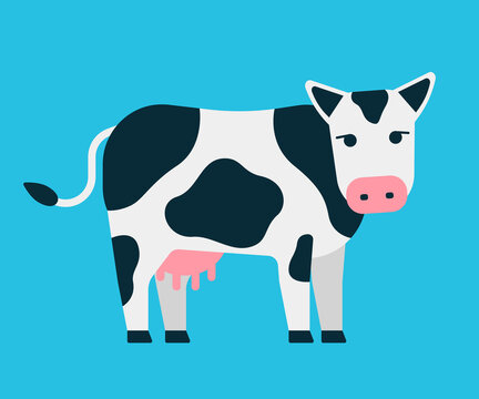 White cow with black spots. Cute farm pet. Young cow with dairy udder, milk. Vector illustration isolated on blue background