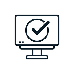 Check mark, approved with computer outline icons. Vector illustration. Editable stroke. Isolated icon suitable for web, infographics, interface and apps.