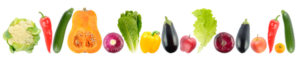 Tasty vegetables and fruits in row isolated on white