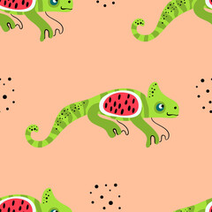 Naklejka premium Chameleon and watermelon vector seamless pattern