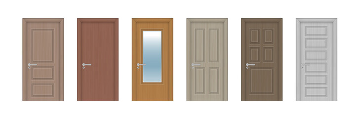 Vector set. Six wooden realistic doors of different designs. - 365172472