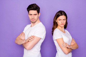 Profile photo pretty lady handsome guy couple arms crossed had fight bad mood conflict angry displeased wear casual white t-shirts isolated purple pastel color background