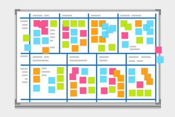 Scrum task board whiteboard hanging in a team room full of tasks on sticky note cards. Teamwork.