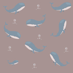 Beautiful poster with blue whale on burgundy background for wallpaper design. Pattern