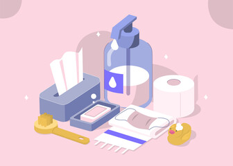 Hygienic Products in Bathroom. Liquid Soap, Shower Brush, Toilet Paper, Cleaning Tissues, Towel and Medical Mask. Accessorizes for Bath, Shower and Health Care. Flat Isometric Vector Illustration.