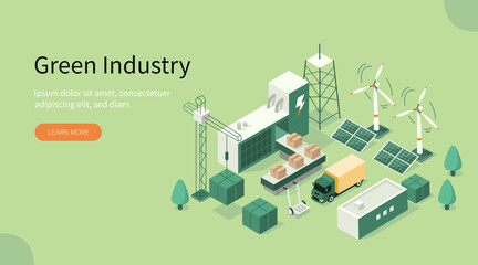 Green Industrial Factory with Renewable Energy. Wind Electricity Generators and Solar Panels. Eco Power Station. Eco Industrial Development Concept. Flat Isometric Vector Illustration.