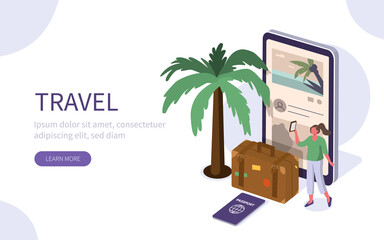 Woman with Packed Luggage Booking Hotels in Mobile App. Travel and Vacation Concept. Flat Isometric Vector Illustration.