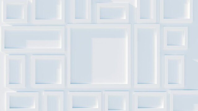 Abstract 3D animation of frame on white wall with shadows light effect. White rectangles and squares moving from wall and disappears. Background business footage.