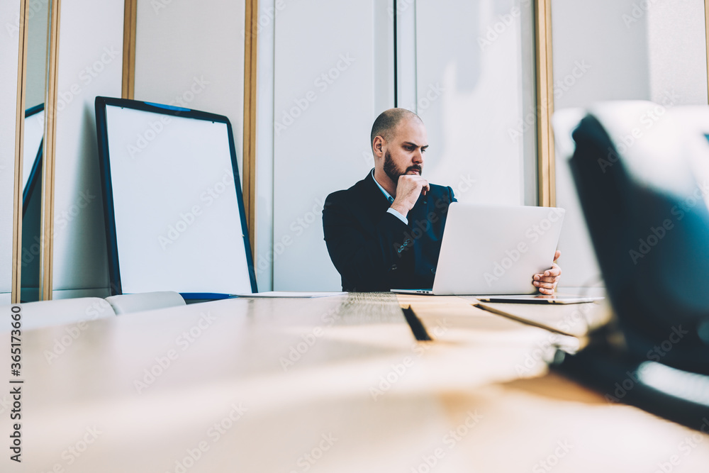 Poster concentrated smart proud ceo reading accounting reports in online database on laptop computer in own
