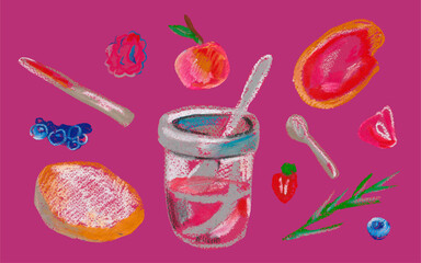 Set of berries with jam and toast painted with wax crayons.The food is illustrated in pink and burgundy shades on an isolated background.Design for menus,recipes,banners,social networks.