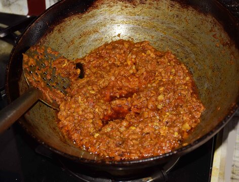 Preparing of Mutton Keema (Minced Lamb). It is a traditional Indian Food or dish
