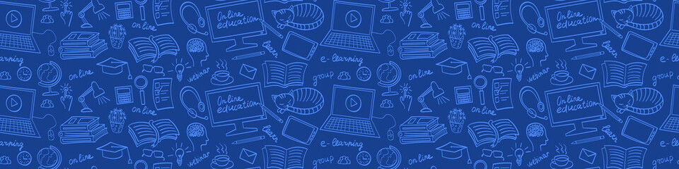 Online education hand drawn seamless web banner. E-learning doodles on blue background. Vector illustration. - obrazy, fototapety, plakaty
