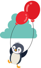 Cute penguin flying in sky holding a red balloons
