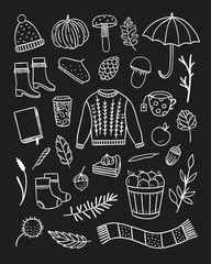 Autumn vector collection. Hand drawn autumn outline illustrations on black background. Cozy sweater, umbrella, scarf, hat, mushrooms and forest nature elements