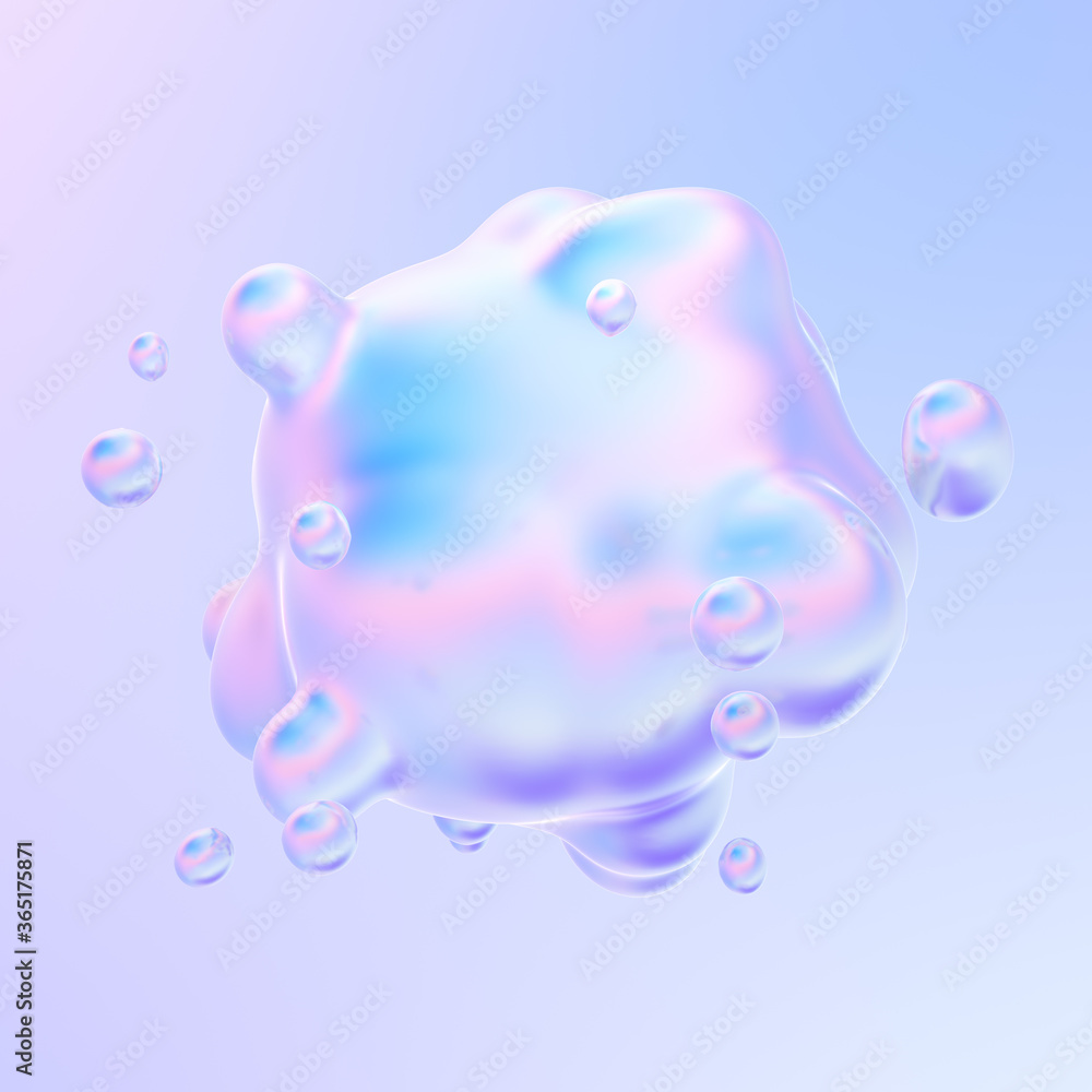 Poster abstract liquid holographic gradient shape. liquid metal bubbles splash. fluid neon morphing bubbles