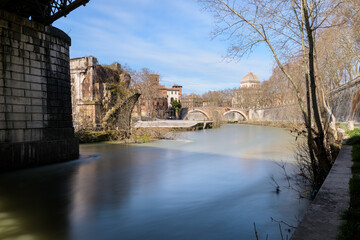 Emilio bridge or Ponte Rotto, ancient Roman bridge over the Tiber river, near the Isola Tiberina island in Rome, Italy