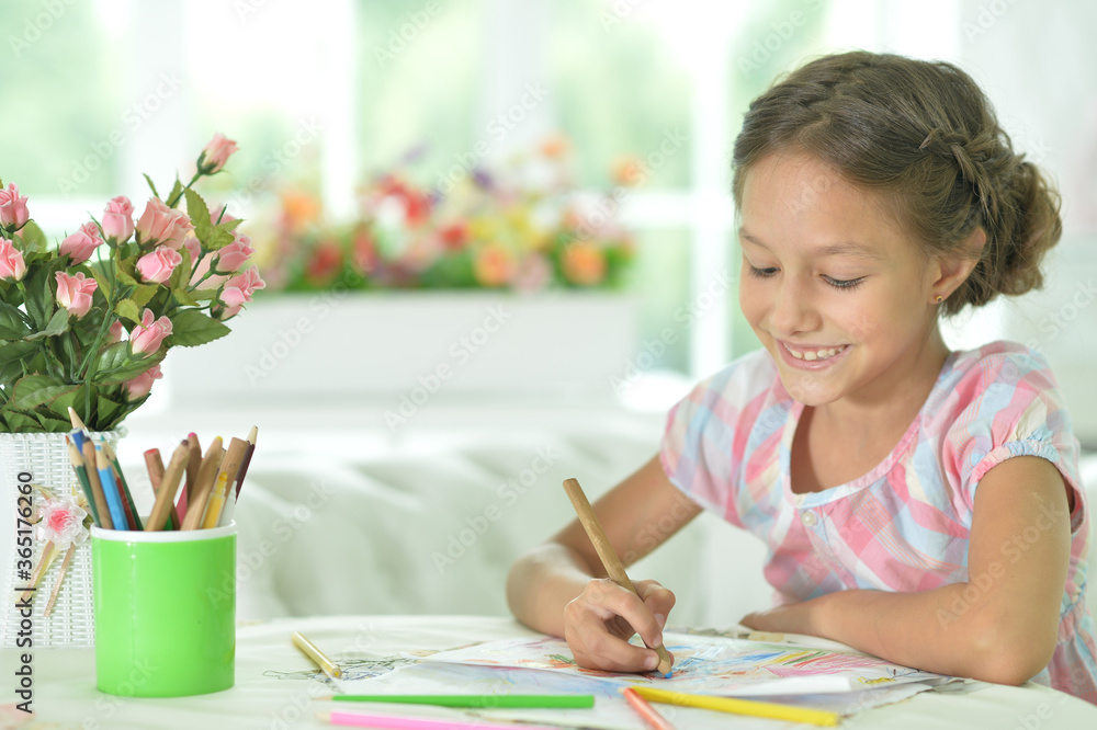 Canvas Prints Portrait of cute girl drawing picture at home