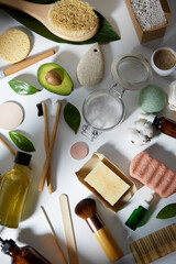 beauty, sustainability and eco living concept - natural cosmetics and bodycare eco products on white background