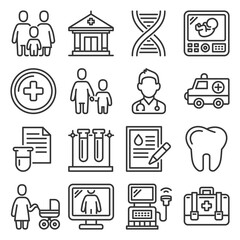 Family Health Clinic Icons Set on White Background. Line Style Vector